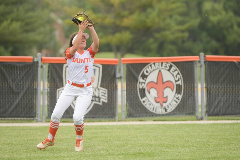 St. Charles East's Nikki Johnston makes the catch for an out against Glenbard North during the Class 4A St. Charles East Sectional semifinal on Tuesday, May 31, 2022.