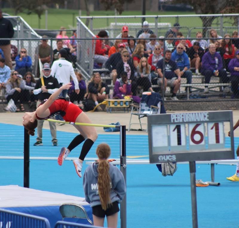 Ohio senior Jillian Anderson soars in the high jump for the Amboy co-op. She placed sixth.