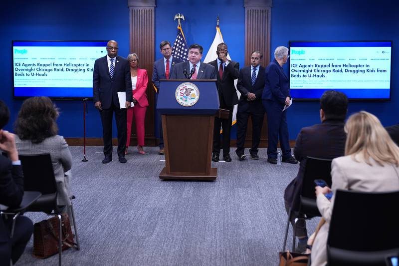 Governor JB Pritzker speaks at a news conference in Chicago, Monday, Oct. 6, 2025. (AP Photo/Nam Y. Huh)