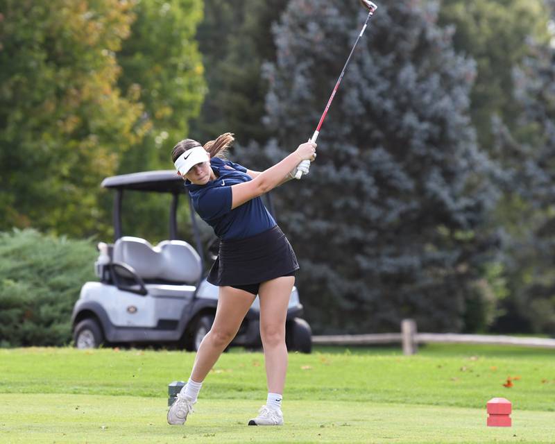 Anna Kilmer of Romeoville tees off during the Southwest Prairie conference meet on Wednesday Sept. 24, 2025, held at Blackberry Oaks Golf course in Bristal.