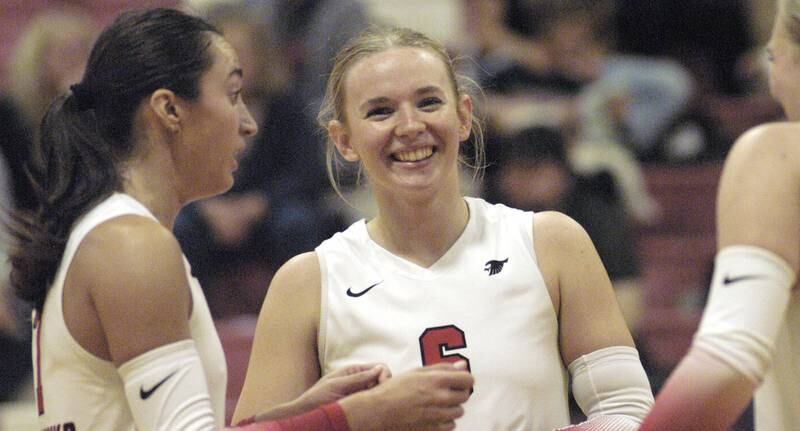 SVCC player Jess Johns share a laugh with teammates during a break. Sauk Valley College beat South Suburban College in three sets Wednesday, November 6, 2024 at Sauk Valley Community College. SVCC entered postseason as top seed in Region 4.
