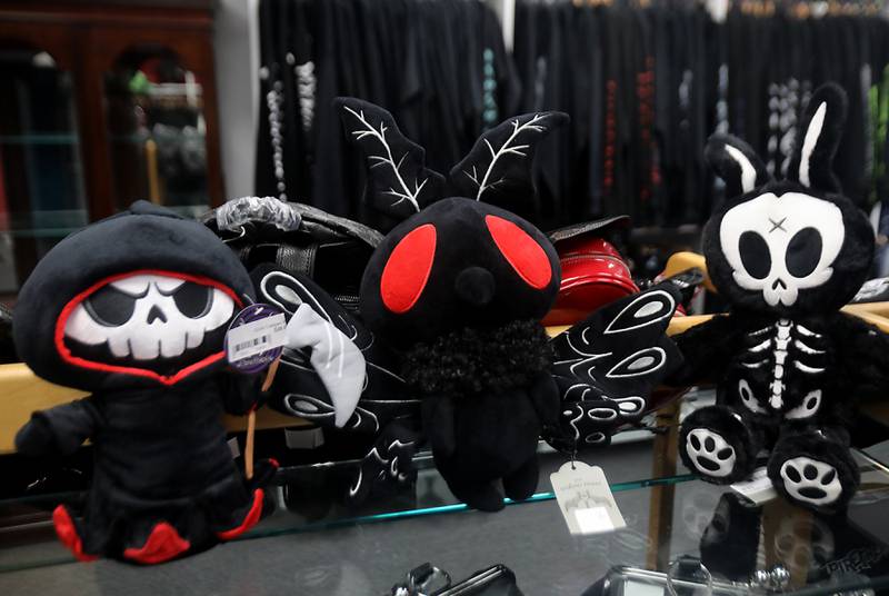 Items for sale in the Hideous Heart on Friday, Aug. 1, 2025, on Elm Street in McHenry. The shop that sells alternative clothing and accessories, opened in March 2024 and recently moved to a new larger location, nearly quadrupling its floor space.