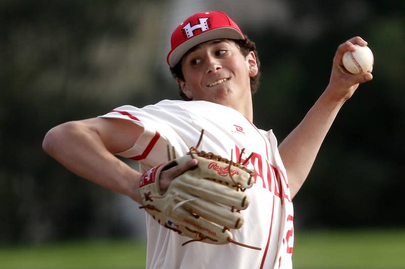 Huntley's Leonardo Bianchin throws a pitch during a Fox Valley Conference baseball game against Hampshire on Monday, April 28, 2025, at Huntley High School.