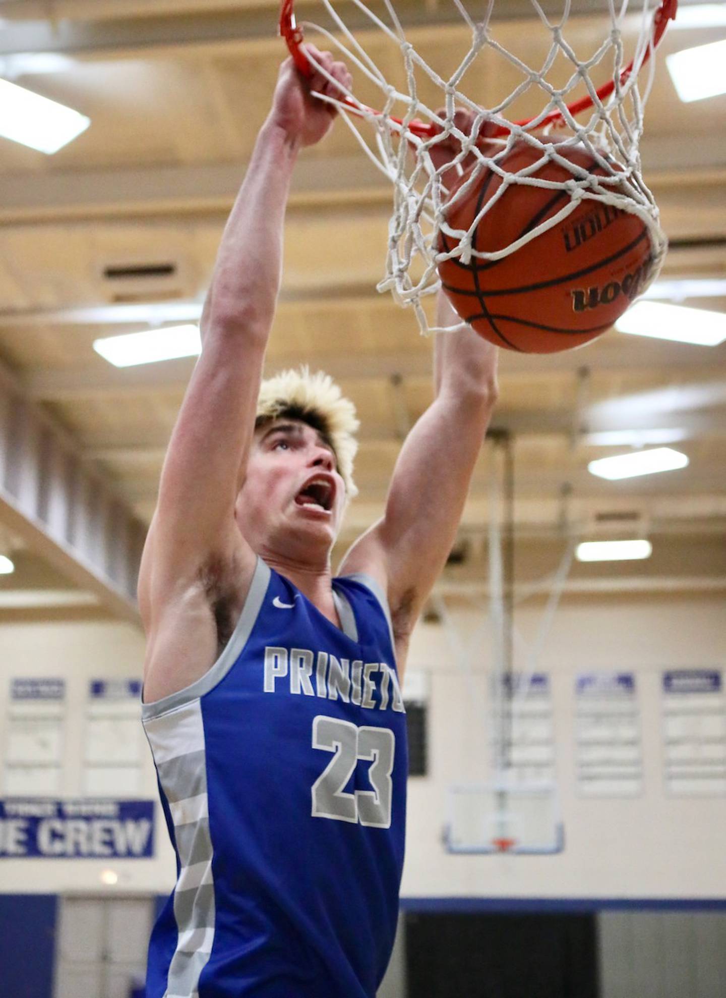 BCR Boys Basketball Player of the Year Noah LaPorte of Princeton demonstrate one of his dunks.