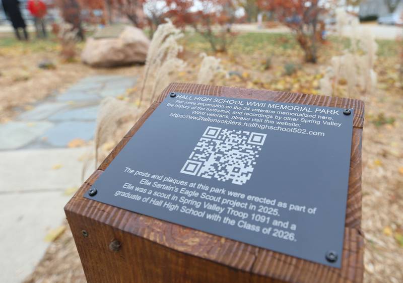 Ella Sartain, a senior at Hall High School, created the Hall High School WWII Memorial Park on Tuesday, Nov. 11, 2025 at Hall High School. Sartain is the second scout to dedicate her Eagle service project to the 24 fallen soldiers. She started with the 24 names on Kim Cabodi's boulder and hoped to find a pictures of each soldier and biography information to make a plaques for each tree.  She met with her U.S. History teacher, Ms. Carpenter, who helped her throughout the project, including organizing the Hall teachers to bake items in the foods lab to raise bake sale money at her Rip's Chicken fundraiser. 

As Ella started her research, she soon realized that this task was harder than she initially thought. There was not much information or photos readily available. Ella reached out to the community on Facebook asking for information.  171 shares later, she started to connect with family members who had stories and photos to share. She also traveled to area libraries in Ladd, Cherry, and Spring Valley and found newspaper clippings, town historical books, and helpful librarians. She contacted the Spring Valley and Ladd American Legions, who were also eager to assist. Eventually, with a lot of footwork, emails, phone calls, and networking, Ella was able to find a picture for each man as well as his story. Many of the people and family members who heard about the project offered to donate as well. Ella raised above her initial goal and was able to  break ground. She worked with Graphic Electronics in Spring Valley to design the plaques and her scout troop to build the posts. She also had wreath hooks specially designed by metal worker and blacksmith, Jason Joiner. With her extra funds, Ella worked with landscape architect Cara Finney to design a new garden area to enhance the rock. She placed a flagstone path from the existing sidewalk to the rock and purchased two additional benches for the park. A 25th post near the rock has a QR code to this site.