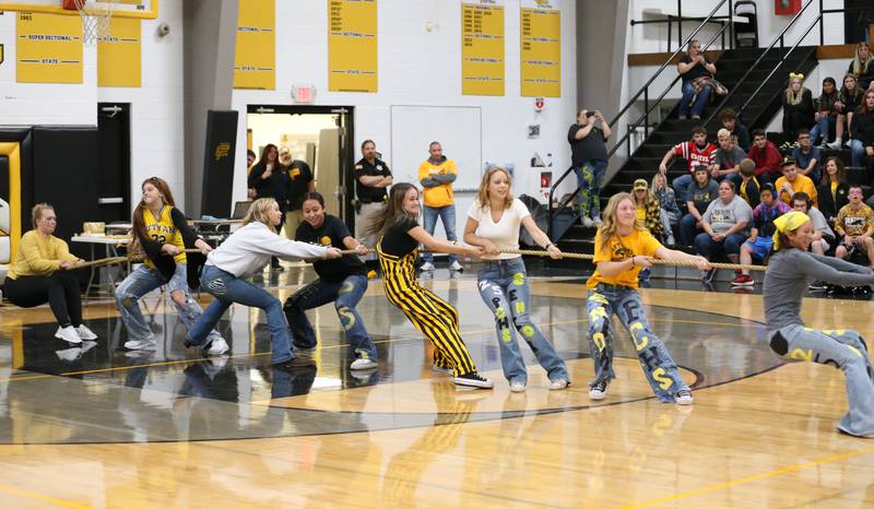 Putnam County High School senior girls play the tug-of-war game during the football Homecoming Pep Rally on Friday, Sept. 27, 2024 at Putnam County High School in Granville.
