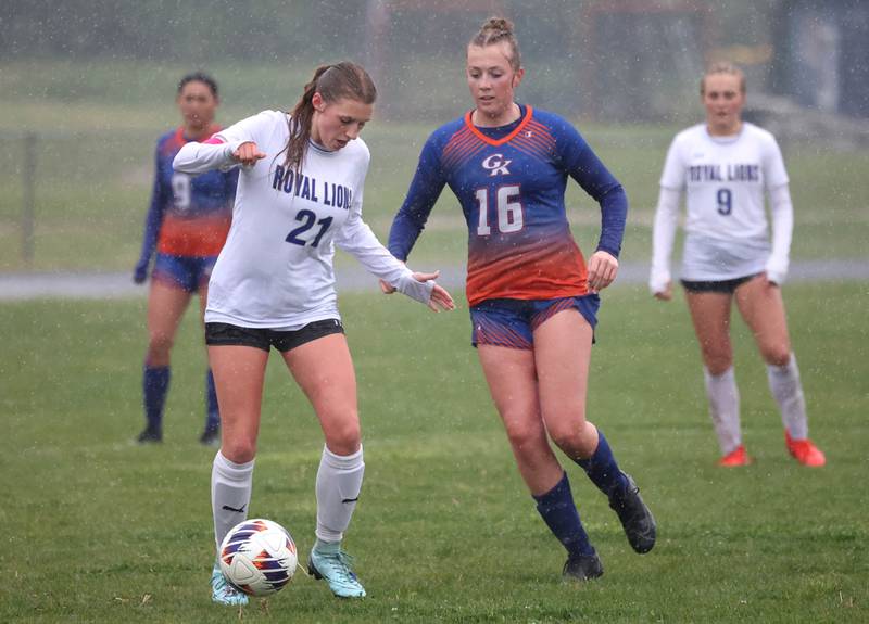 Genoa-Kingston's Ally Poegel looks to steal the ball from Rockford Christian's Lydia Sherburne Tuesday, May 20, 2025, during their Class 2A regional final game at Rockford Christian High School.