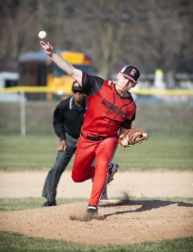 Momence's Caden Wiechec pitches in the game against Peotone on March 28, 2025.