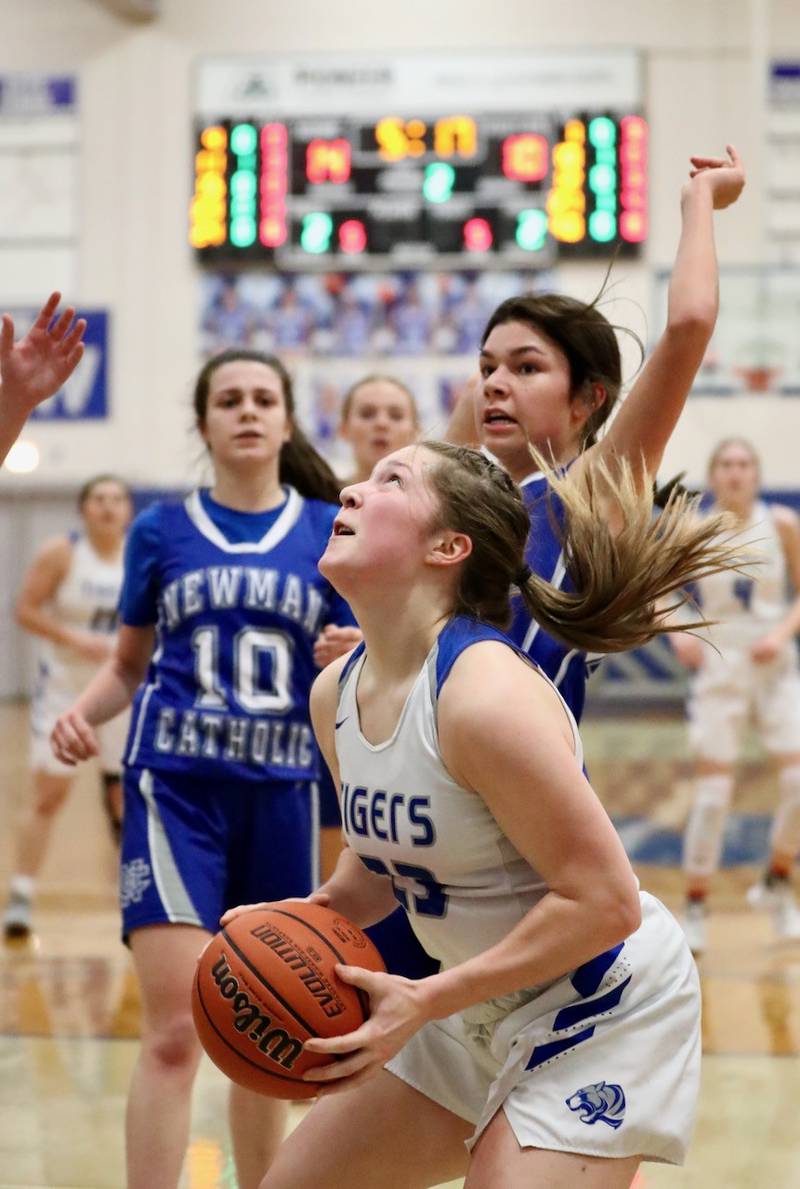 Princeton's Miyah Fox eyes the  bucket against Newman Monday night at Prouty Gym.