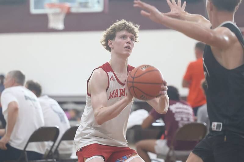 Marmion’s Caden Anderson looks to take a shot against Minooka at the 37th Morris Boys Shootout on Tuesday, June 25, 2024.