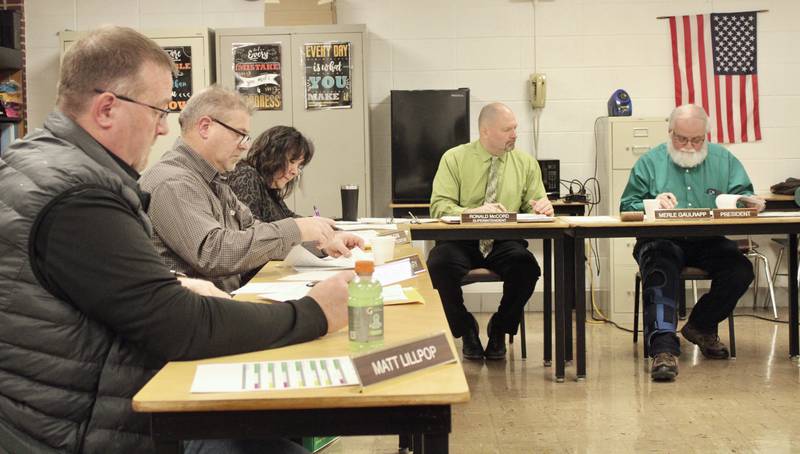 The Rock Falls High School board of education meets in regular session on Wednesday. From left, new Vice President Matt Lillpop, Secretary Mike Lewis, administrative assistant Toni Cain, Superintendent Ron McCord and President Merle Merle Gaulrapp.