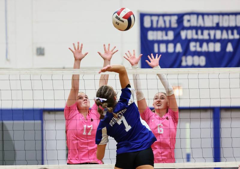 Hall's Caroline Morris and Kaitlyn Coutts make a block on Princeton's Kathy Maciczak Thursday at Prouty Gym.