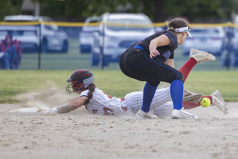 Fulton’s Kerby Germann slides in safe on a steal against Newman’s Lucy Oetting Tuesday, May 19, 2026, at the Class 1A softball regionals at Newman.