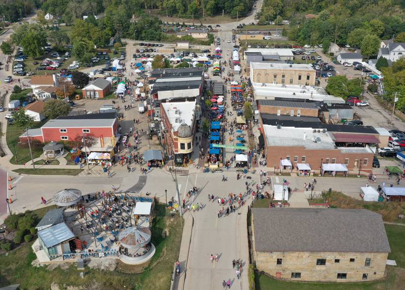 An aerial view of the crowd at the Burgoo festival in Utica on Oct. 10, 2021. The early morning rain detoured some of the crowd.