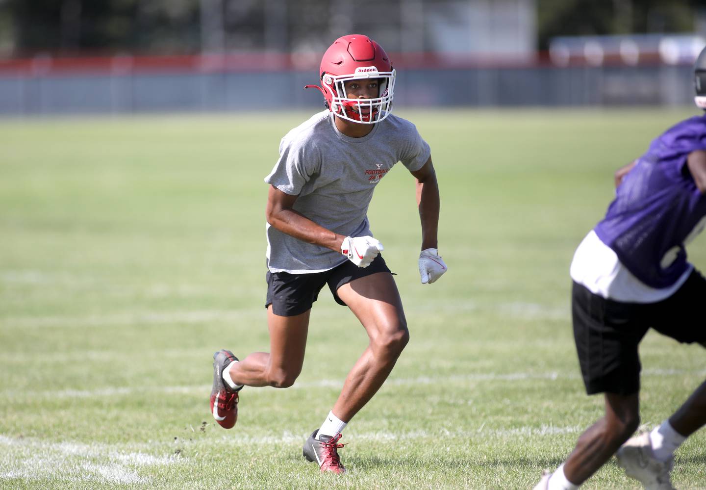 Yorkville’s Dyllan Malone plays in a 7-on-7 tournament at West Aurora High School on Friday, July 19, 2024.