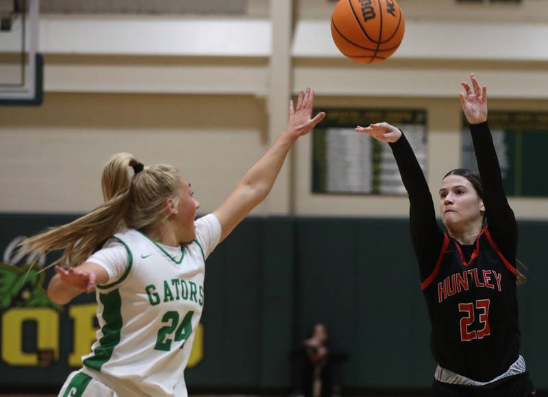 Huntley's Aubrina Adamik shots the ball over Crystal Lake South's Gracey LePage during a Fox Valley Conference girls basketball game on Friday, Jan. 30, 2026, at Crystal Lake South High School.