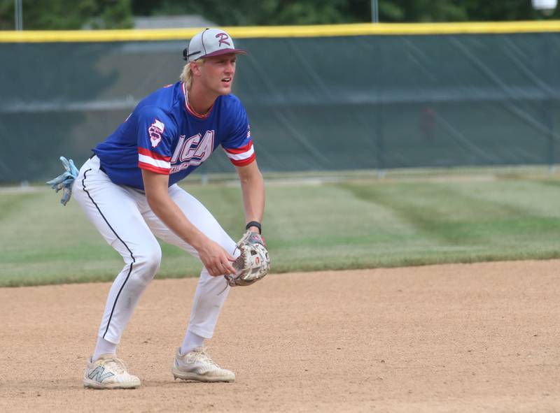 Morris's Jack Wheeler plays third base during the ICA Senior Baseball All Star Game on Monday, June 30, 2025 at Schweickert Stadium in Peru.