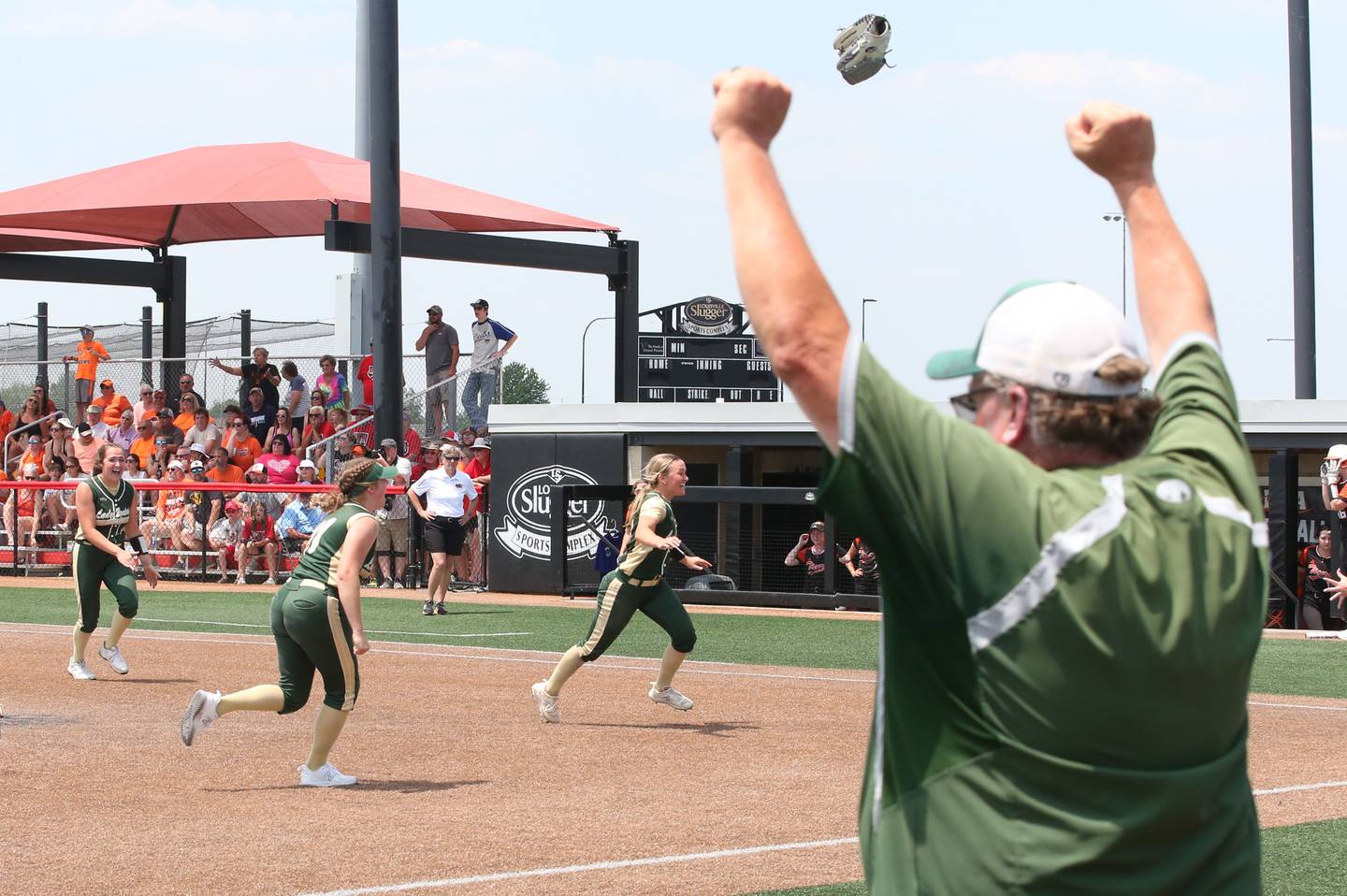 St. Bede head softball coach Shawn Sons reacts after winning the Class 1A State championship over Illini Bluffs on Saturday, June 3, 2023 at the Louisville Slugger Sports Complex in Peoria.