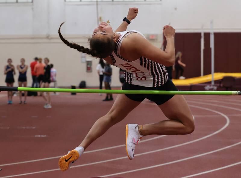 Hinsdale Central's Maddie Chillo participates in the high jump during the girls varsity track and field 3A Lockport sectional on Friday, May 12, 2023.