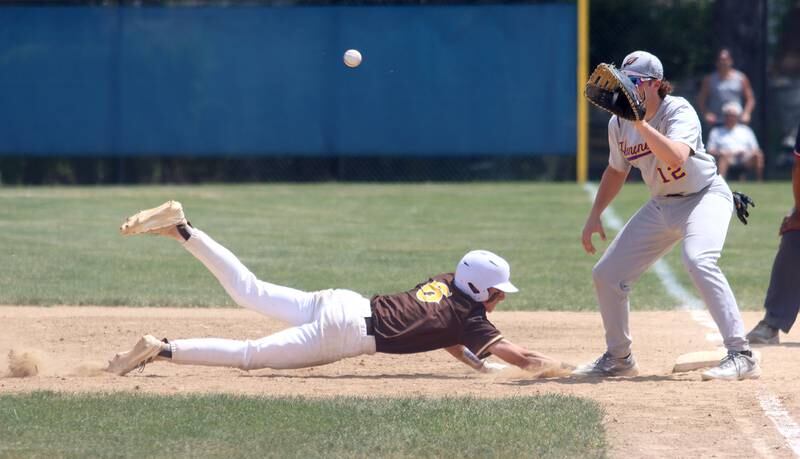 Hononegah’s Jeremiah Olson, right, fields the toss as Jacobs’ Caden Guenther dives safely back to first base in Class 4A Sectional baseball action at Carpentersville Saturday.