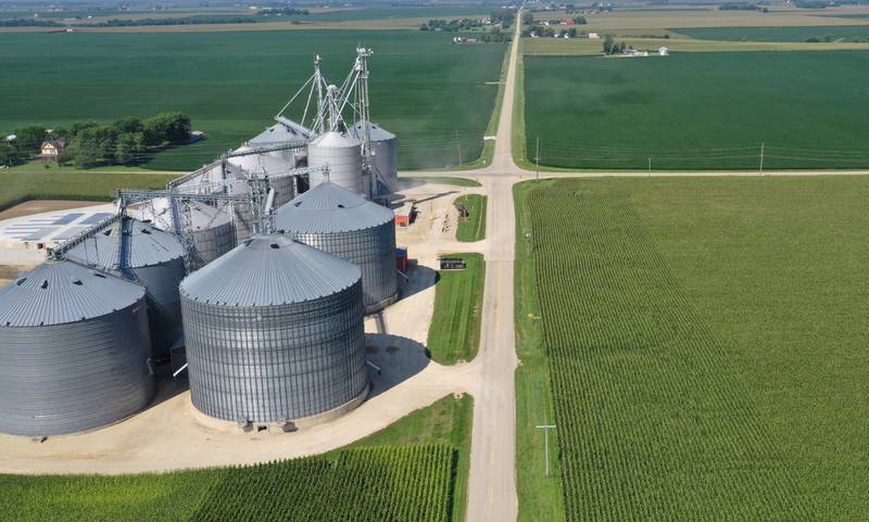 An aerial view of a future solar farm located at the intersection of Illinois Route 89 and 1800 North Road on Thursday, Aug. 14, 2025 north of Ladd. On Tuesday,  the Bureau County Board approved an outside counsel to file a consent order to settle with two solar farms located just north of the Village of Ladd near Ladd Elevator. The full board will likely vote to approve the project at the September meeting.