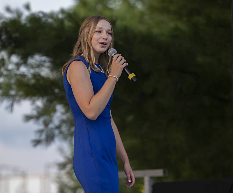 Lauren Carlson delivers her speech Wednesday August 2, 2023 during the Miss Ogle County pageant.