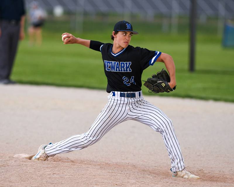 Newark's Eastin McBroom (24) pitches during the game on Tuesday May 13, 2025, while traveling to take on Somonauk High School.