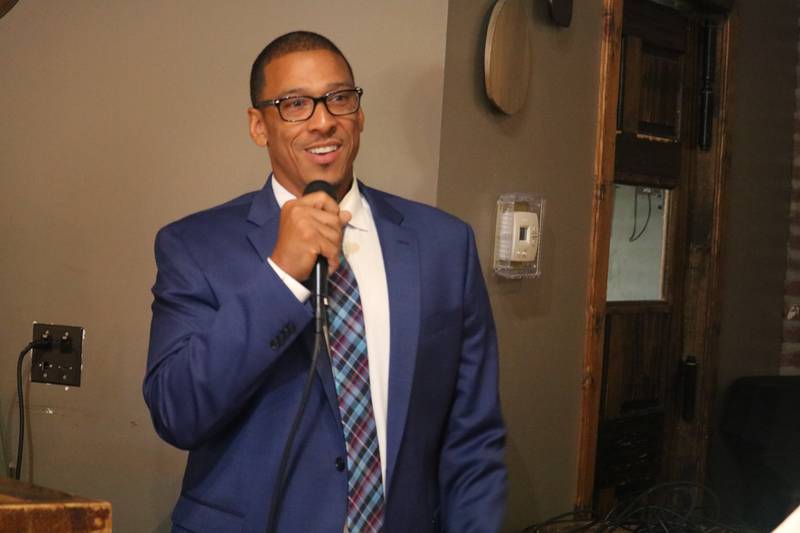 DeKalb 7th Ward Alderman John Walker speaks at an event held at Fatty's Pub and Grille Aug. 7, 2024 to announce his candidacy for mayor.