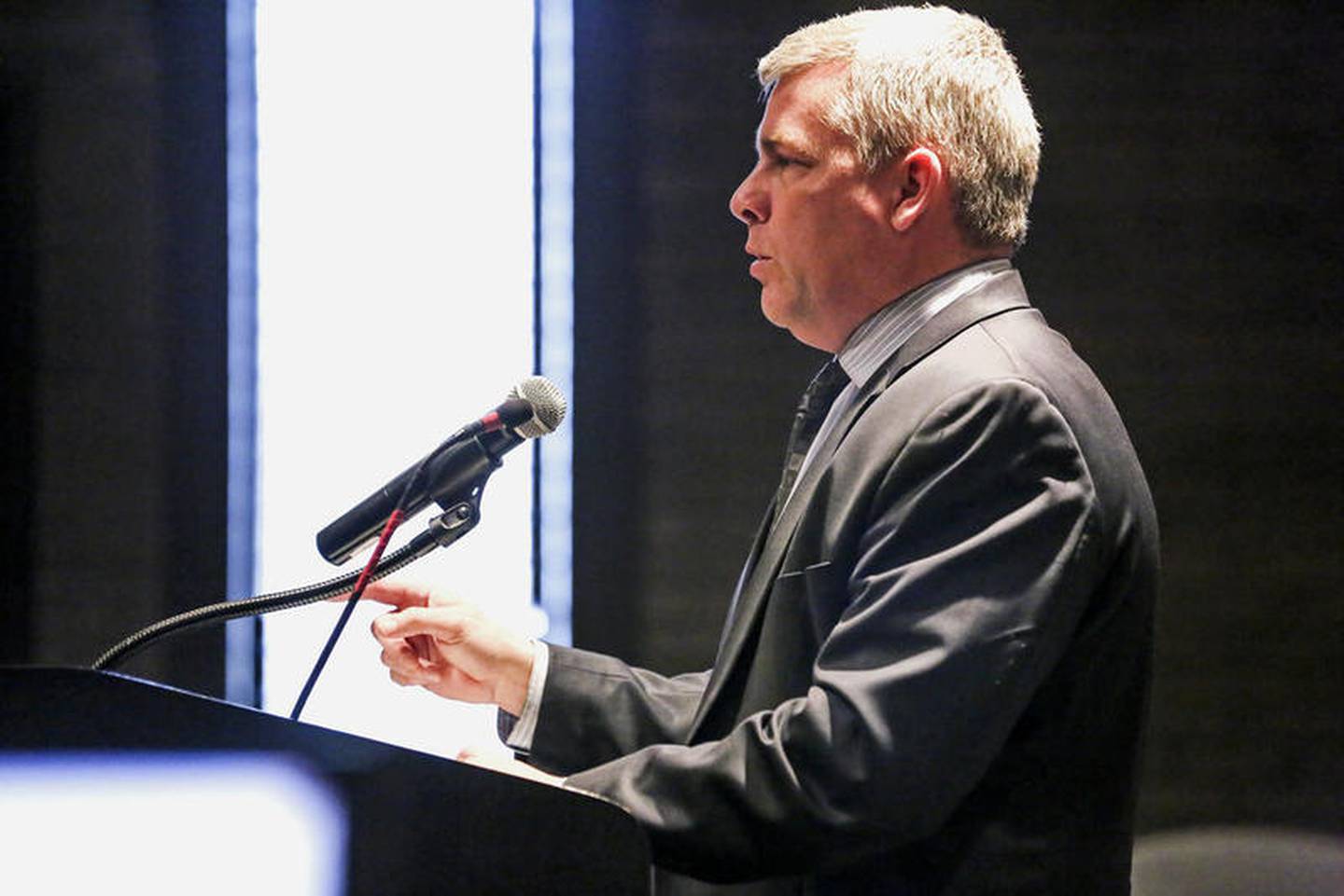 Mayor Bob O'Dekirk speaks to members of the Board of Fire and Police Commissioners on Monday, April 8, 2019, in Joliet, Ill.