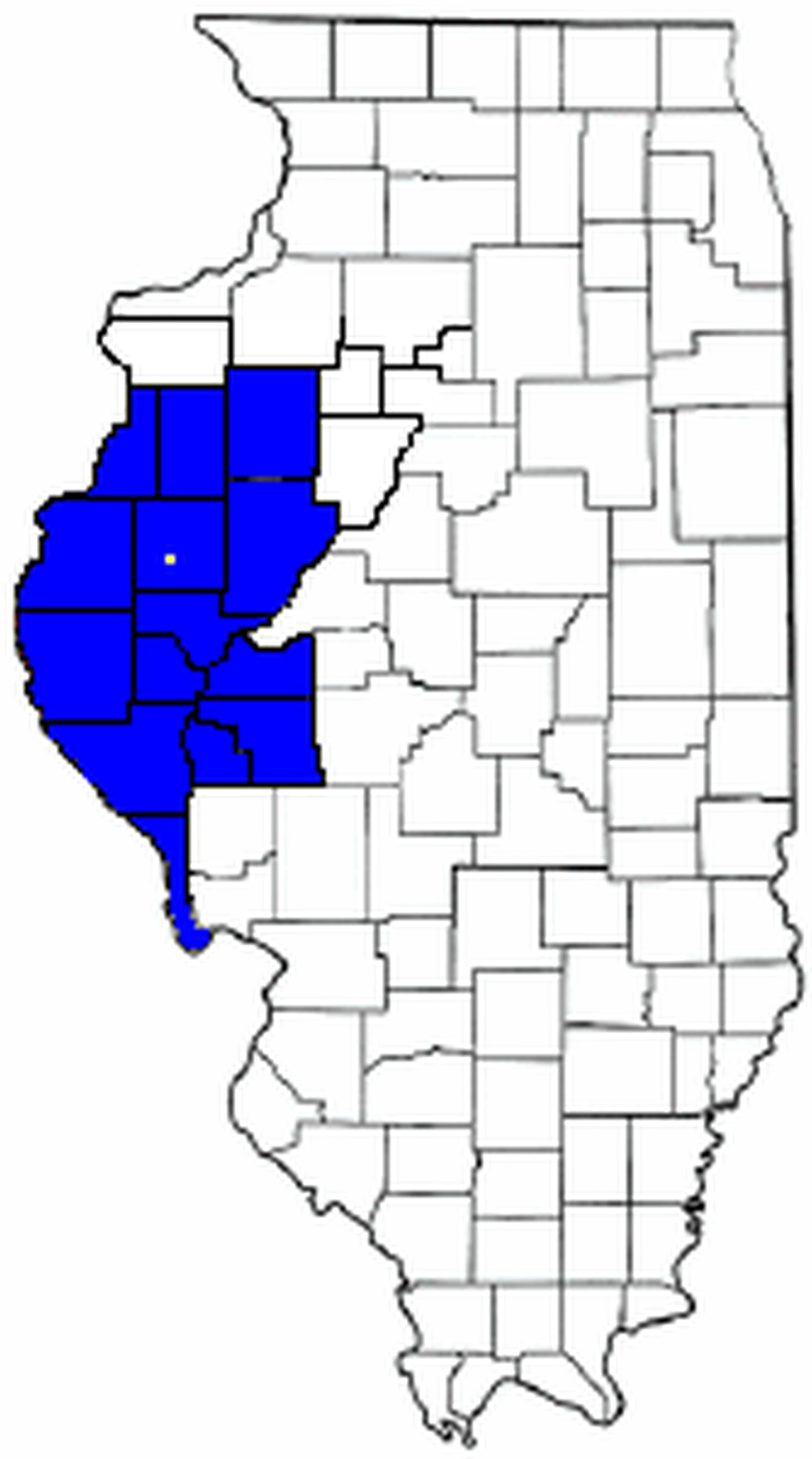 The 16 counties of Forgottonia are shown in blue. Fandon, which was chosen as the capital, is the white dot.