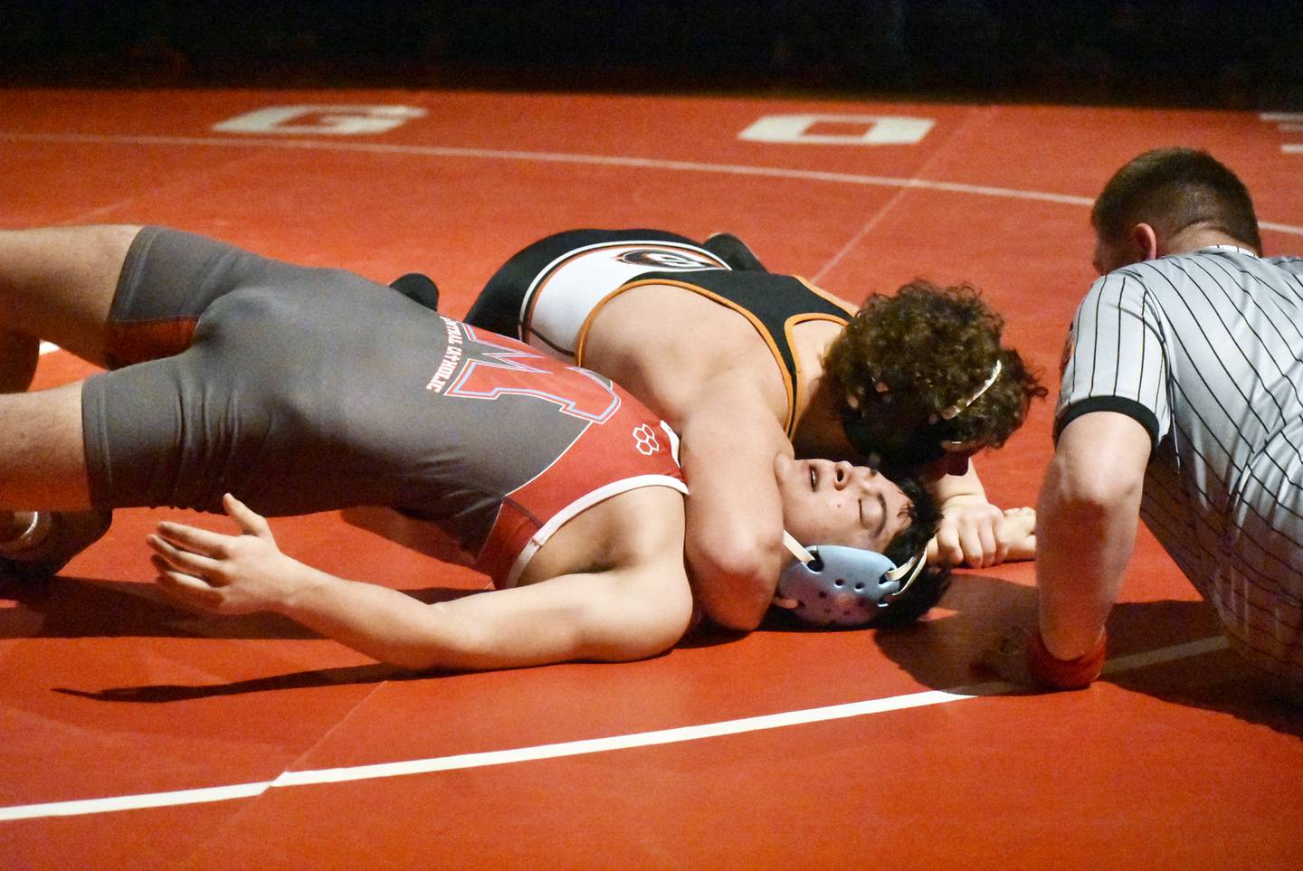 Sandwich’s Kai Kern pins Marian Central’s Luca Colatori during the IHSA Class 1A Dual Sectional at Oregon on Tuesday, Feb. 25, 2025 in Oregon.