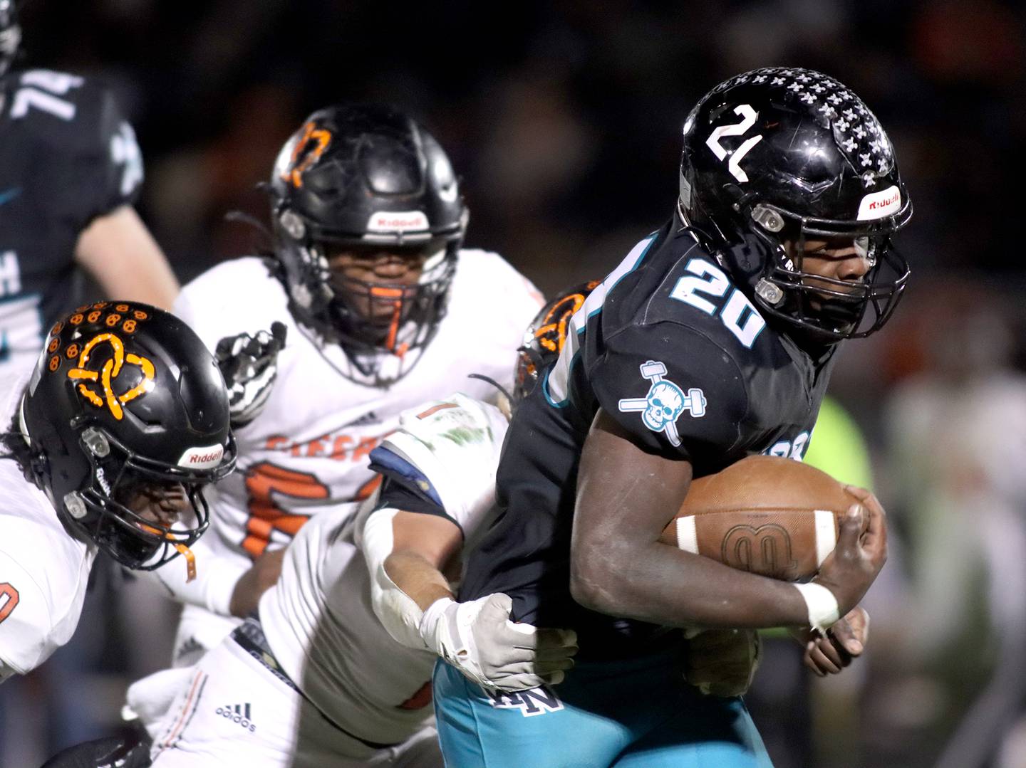 Woodstock North’s David Randecker runs the ball against Freeport in first-round IHSA Playoff football action on Saturday, Nov. 2, 2024 at Woodstock North High School in Woodstock.