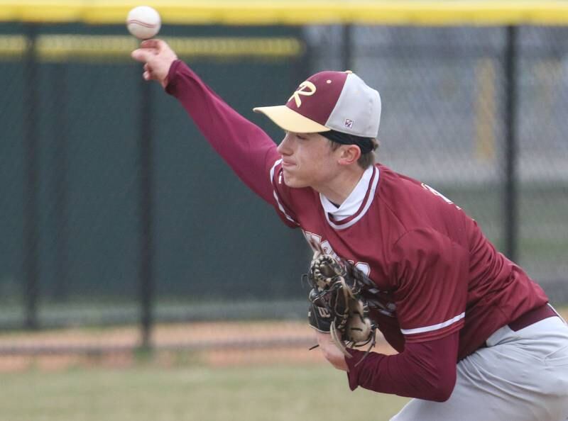 Morris pitcher Brett Bounds fires a pitch to L-P on Wednesday, April 17, 2024 at Huby Sarver Field inside the L-P Athletic Complex in La Salle.