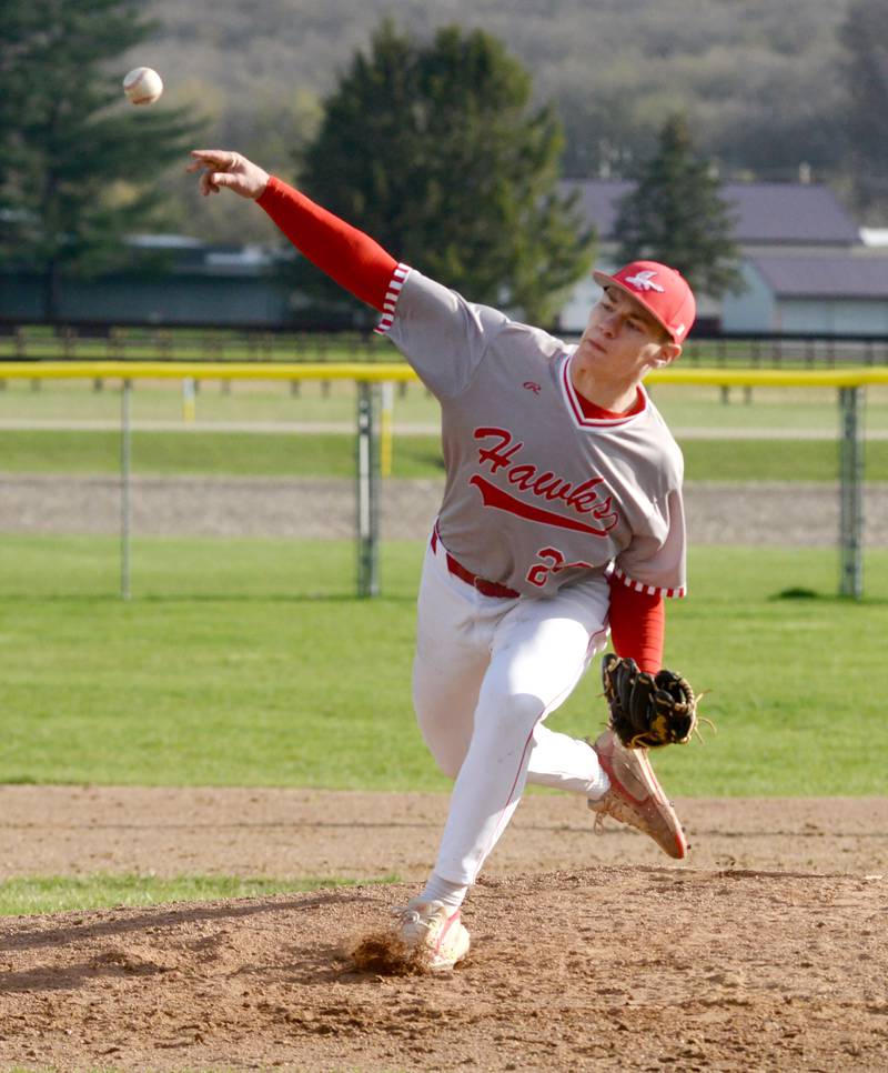 Oregon's Seth Rote delivers a pitch during a Monday, April 21, 2025 game with Rock Falls at Oregon High School.