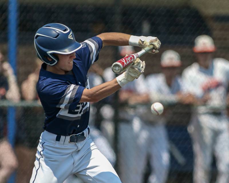 Oswego East's Andy Lewis (10) bunts during Class 4A Romeoville Sectional final game between Oswego East at Oswego.  June 3, 2023.