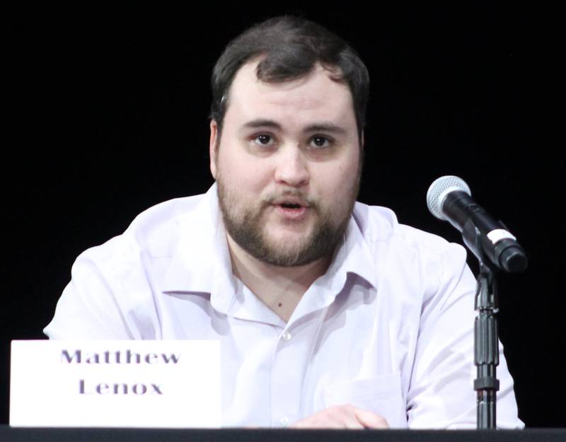Matthew Lenox appears Thursday, March 16, 2023, during a Dixon board of education candidate forum at Dixon Theatre.