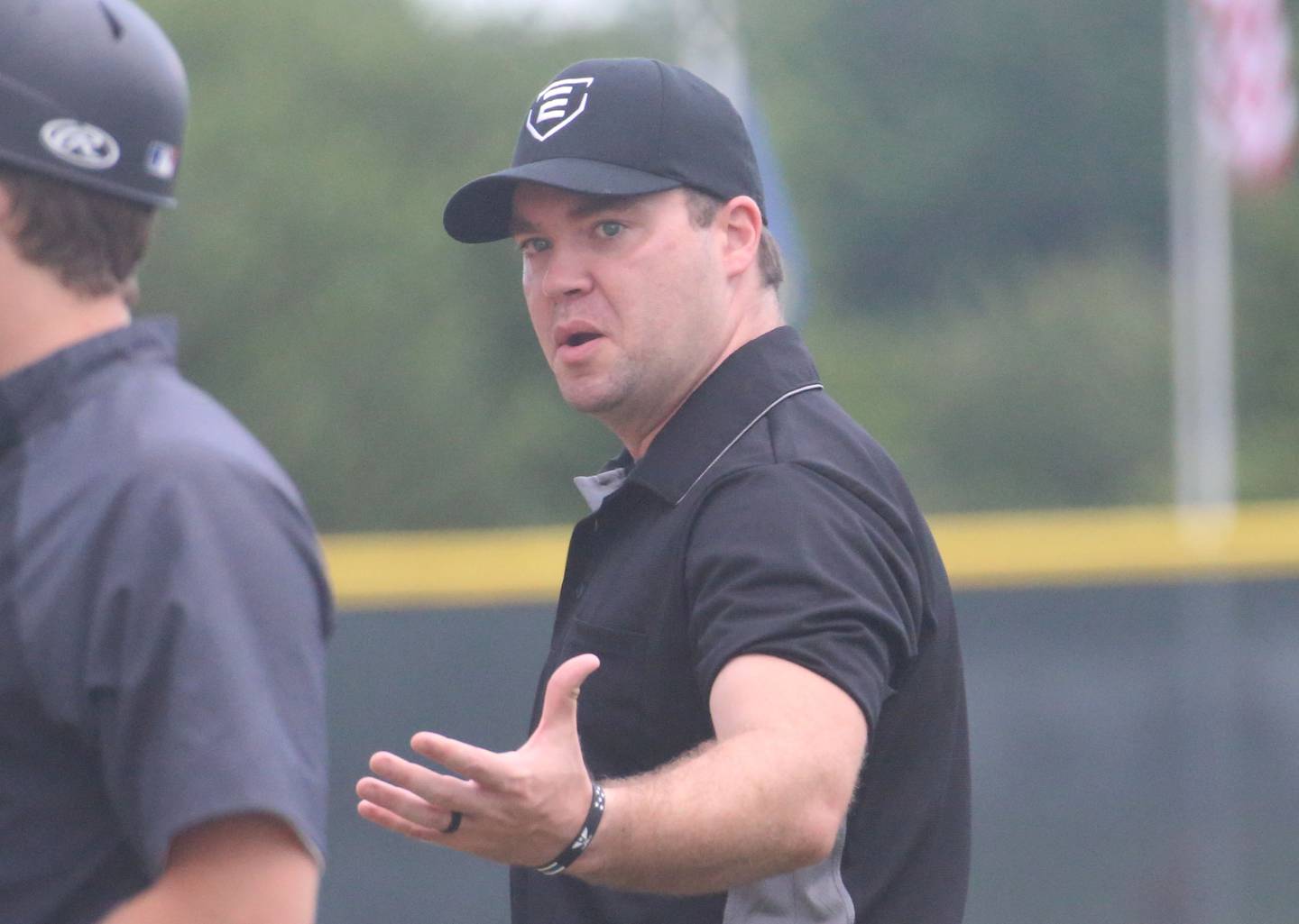 Garrett Cornman umpires the game between the Illinois Valley Pistol Shrimp and the Clinton LumberKings on Wednesday, July 10, 2024 at Schweickert Stadium in Peru.