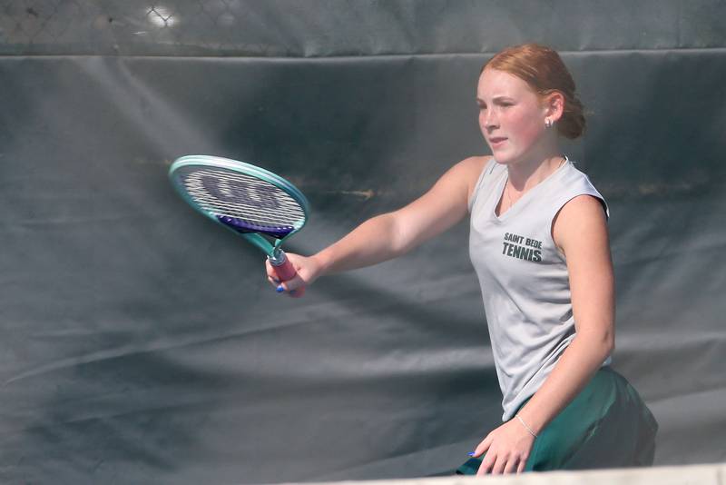 St. Bede's Elsie Soliman waits for the ball during the Class 1A girls tennis sectionals on Thursday, Oct. 16, 2025 at Ottawa High School.
