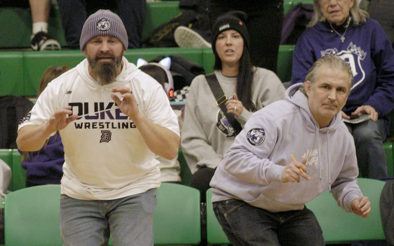 Dixon's sideline cheers on the action. Rock Falls, Dixon, Oregon and La-Salle Peru wrestle at a meet at Rock Falls. The event took place on January 21, 2026.