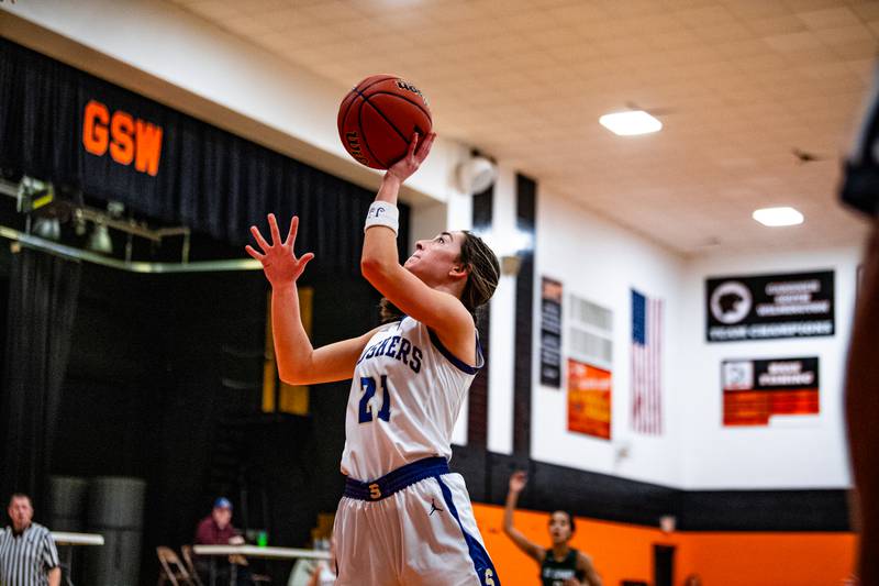 Serena's Makayla McNally lays up a shot against St. Edward during the 1A Sectional game on Tuesday Feb. 20, 2024 at Gardner-South Wilmington High School in Gardner