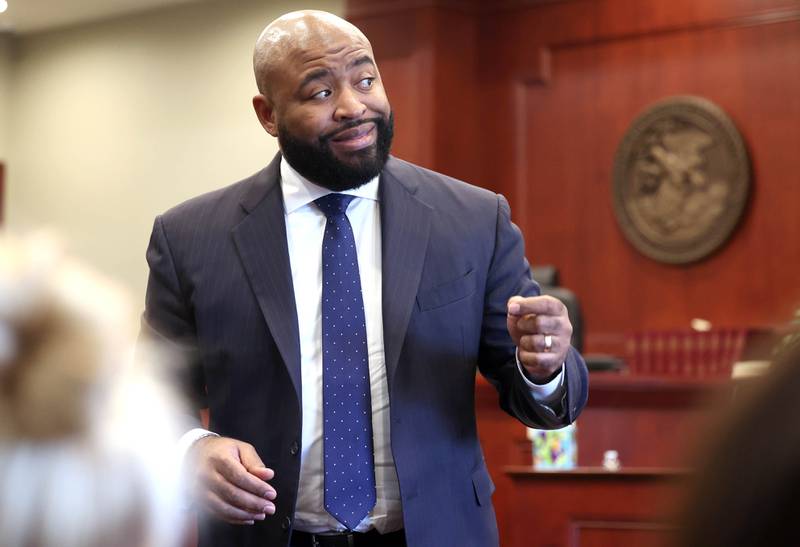 Brandon Brown, co-defense counsel for Hamza Khatatbeh delivers his opening statement Wednesday, Feb. 18, 2026, during Khatatbeh’s murder trial at the DeKalb County Courthouse in Sycamore. Khatatbeh is accused of fatally stabbing Sycamore 17-year-old Kaleb McCall in 2023.