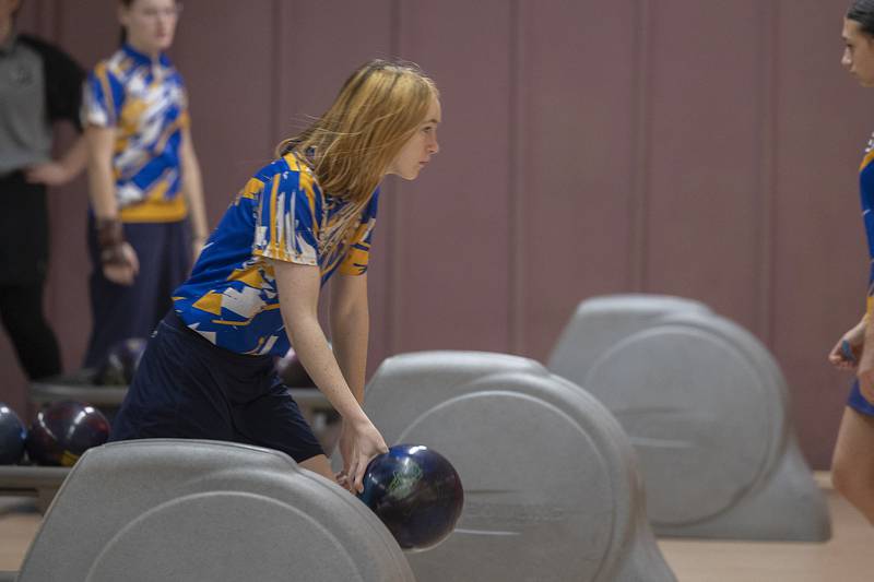 Sterling’s Delilah Michels bowls against Galesburg Tuesday, Jan. 7, 2025, at Blackhawk Lanes.