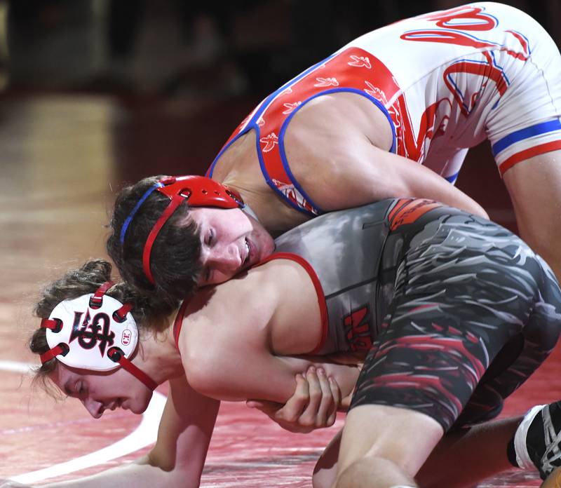 Oregon's Nelson Benesh puts a hold on Fulton's Liam Sullivan at 144 pounds at Oregon High School on Thursday, Dec. 4, 2025.