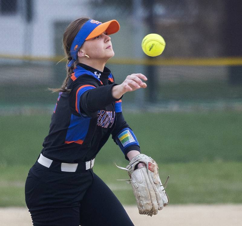 Genoa-Kingston’s Brooke Ordlock throws to first for an out against Dixon Monday, April 7, 2025.