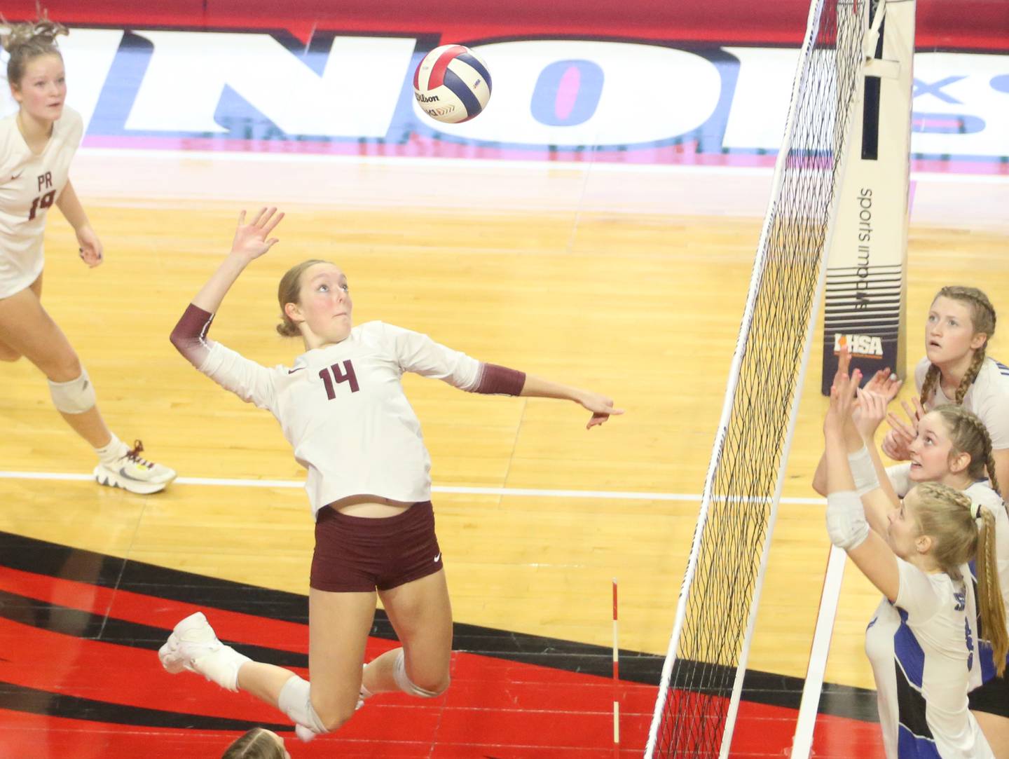 Prairie Ridge's Jada Hoyt sends a kill against Limestone during the Class 3A State semifinal game on Friday, Nov. 15, 2024 at CEFCU Arena in Normal.