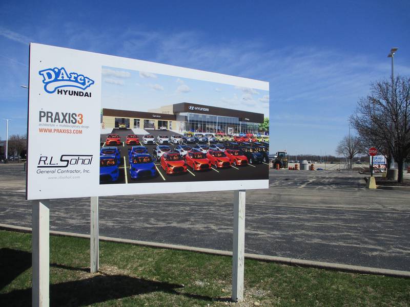 A sign at D'Arcy Motors on Essington Road in Joliet on March 28, 2022 tells of the future relocation of D'Arcy Hyundai to that site.