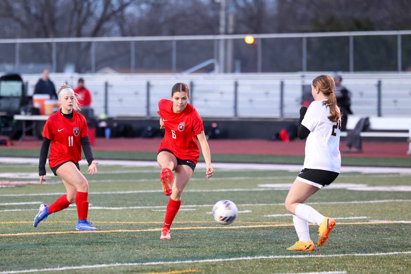 Bradley-Bourbonnais' Lilly Argyelan shoots on goal against Herscher during Bradley-Bourbonnais' 4-3 victory on Monday, April 6, 2026.