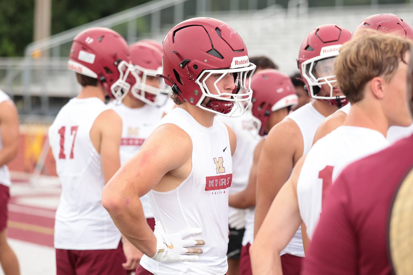 Morris' Caeden Curran stands on the sidelines before the scrimmage against Romeoville at Morris' 7-on-7 scrimmage on Tuesday, July 8, 2025 in Morris.