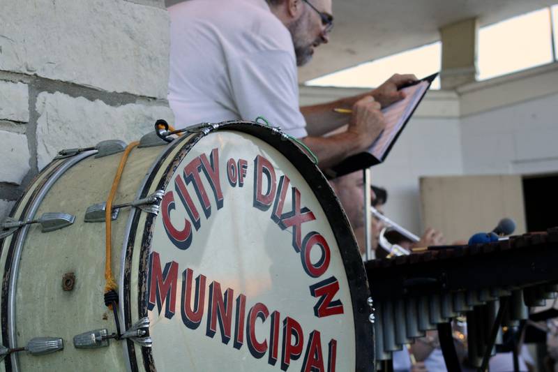 A detail shot of a vintage drum on display during a concert of the Dixon Municipal Band on Thursday at Page Park.