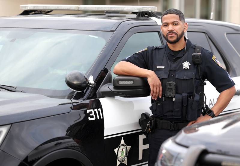 DeKalb Police Sgt. Raynaldo Hernandez prepares to start his shift Thursday, April 11, 2024, behind the DeKalb Police Department.